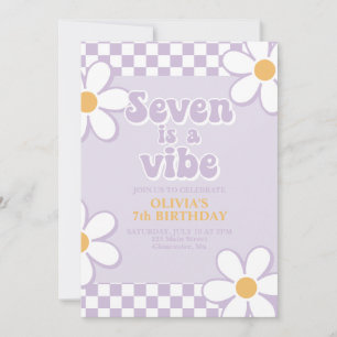 Seven is a Vibe Retro Check Lila Gänseblümchen Einladung