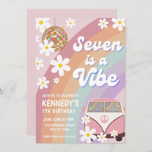 Seven ist eine lebhafte Einladung zum 7. Geburtsta (Vorne/Hinten)