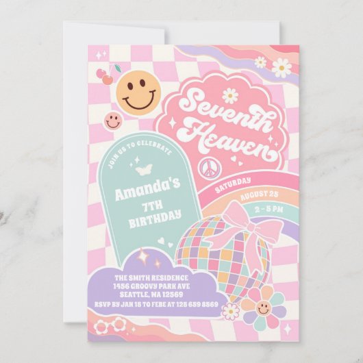Seventh Heaven Cloud Rainbow Disco 7th Birthday Einladung (Vorderseite)