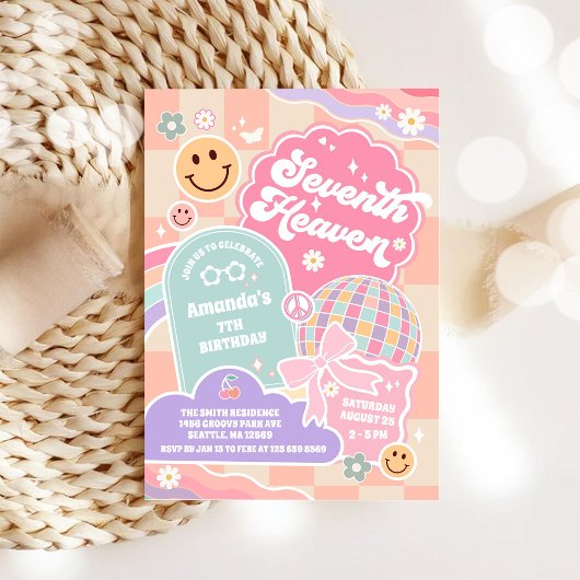 Seventh Heaven Cloud Rainbow Disco 7th Birthday  Einladung