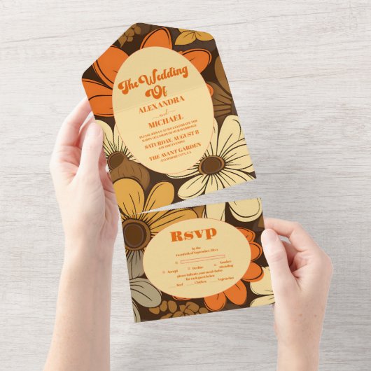 Seventies Retro Floral Wedding All In One Einladung (Abreißen)