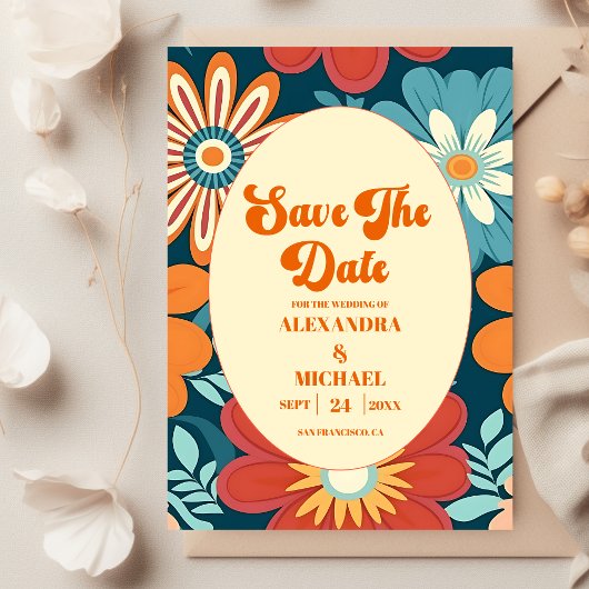Seventies Retro Floral Wedding Save The Date