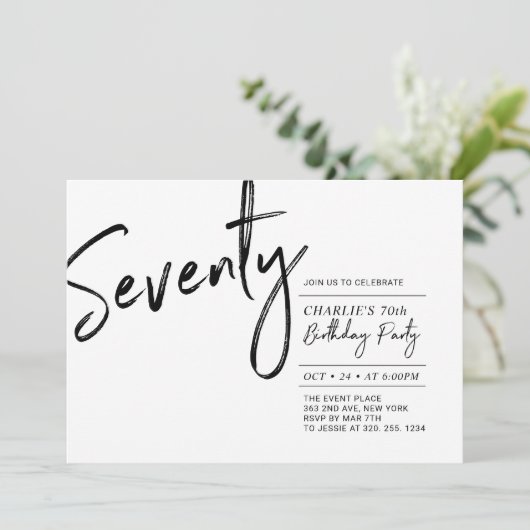 Seventy | Black & White Modern 70th Birthday Party Einladung (Stehend Vorderseite)
