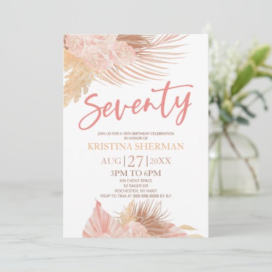 Seventy Boho Pink Floral 70th Birthday Party Einladung (Stehend Vorderseite)