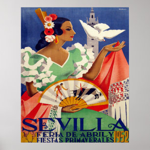 Sevilla, Spanien, Frau mit weißer Taube, Vintage Poster