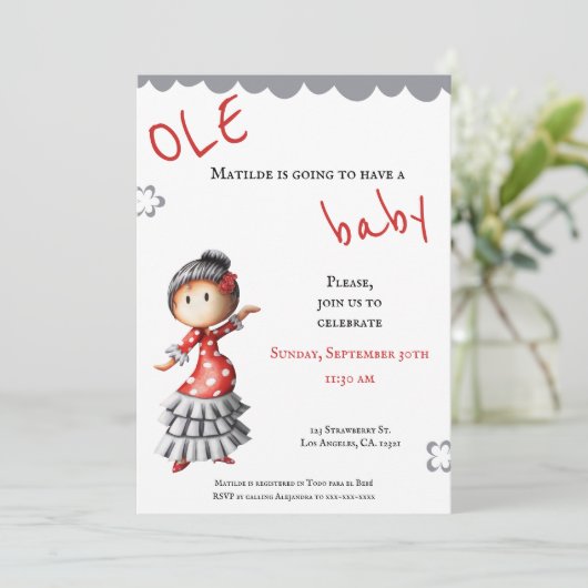 Sevillana Flamenco Dancer Spanische Baby-Dusche Einladung (Stehend Vorderseite)