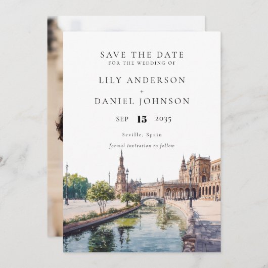 Seville Spain Watercolor Photo Wedding Save The Date (Vorne/Hinten)