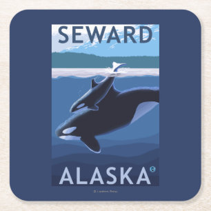 Seward, AlaskaOrca und Kalb-Szene Rechteckiger Pappuntersetzer