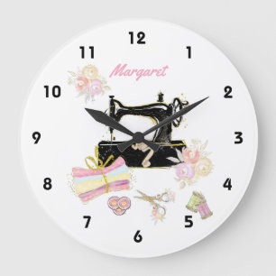 Sewing Machine And Fabric Große Wanduhr