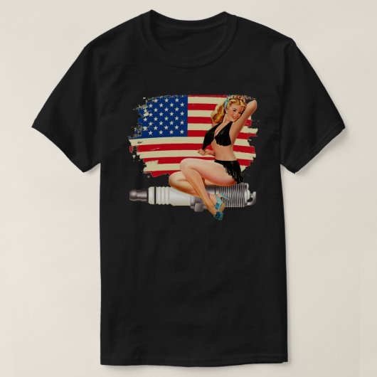 Sexy Button Up Girl on Spark Plug - American Flag T-Shirt (Design vorne)