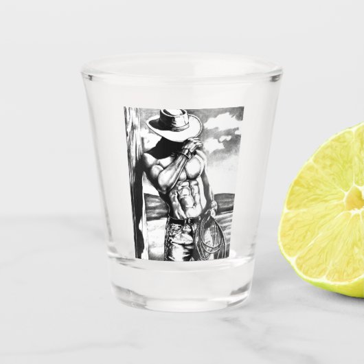Sexy Cowboy Black and White Charcoal Sketch Schnapsglas (Vorderseite)