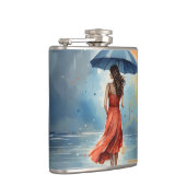 Sexy Lady in Rain mit Regenschirm - Wasserfarben K Flachmann (Rechts)