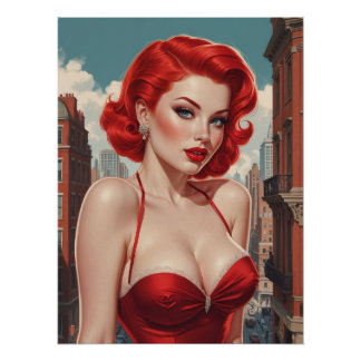 Sexy Pin-Up-Rothaariges Stadtuntergrund Poster