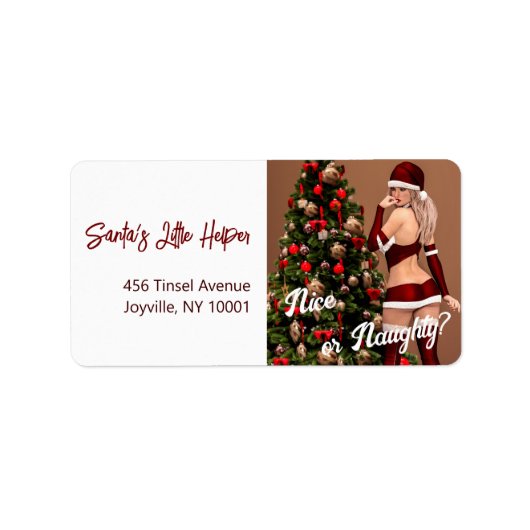 Sexy Santa Girl in der Nähe des Weihnachtsbaumes Adressaufkleber (Vorne)