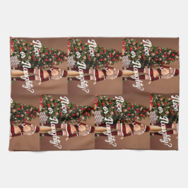 Sexy Santa Girl in der Nähe des Weihnachtsbaumes Geschirrtuch