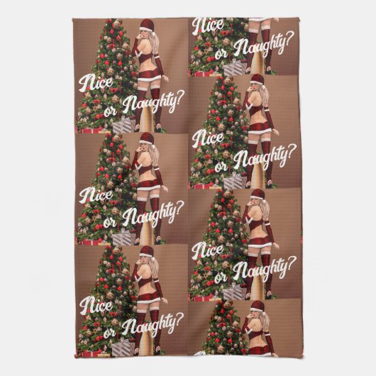 Sexy Santa Girl in der Nähe des Weihnachtsbaumes Geschirrtuch (Vertikal)