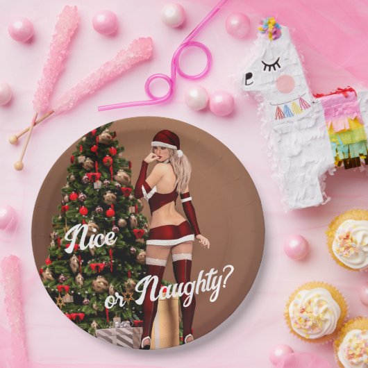 Sexy Santa Girl in der Nähe des Weihnachtsbaumes Pappteller (Party)