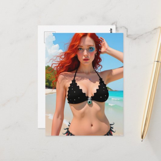 Sexy Schwarzer Bikini Scifi Lady Postkarte (Vorderseite/Rückseite Beispiel)