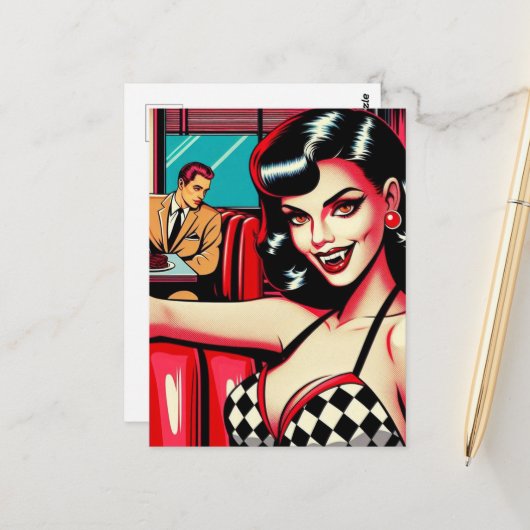 Sexy Vampire im Retro Diner Postkarte (Vorderseite/Rückseite Beispiel)