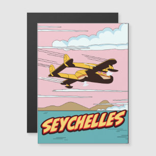 Seychellen Cartoon-Reiseplakat. Magnetkarte