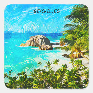 Seychellen Tropische Ölgemälde – Lebendige Insel Quadratischer Aufkleber