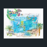 Seychelles Islands Illustrierte Reisekarte Postkarte<br><div class="desc">Seychelles Inseln Illustrierte Karte mit Sehenswürdigkeiten</div>