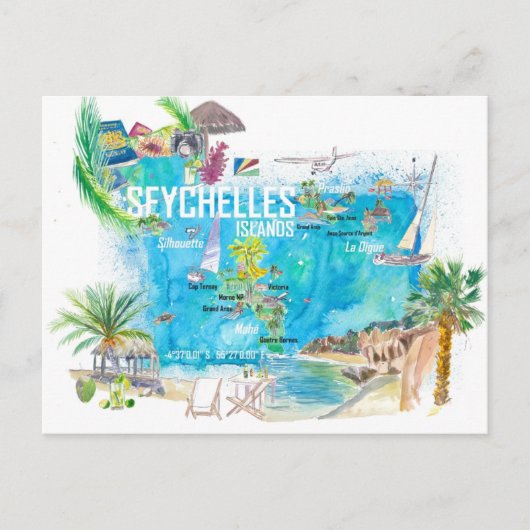 Seychelles Islands Illustrierte Reisekarte Postkarte (Vorderseite)