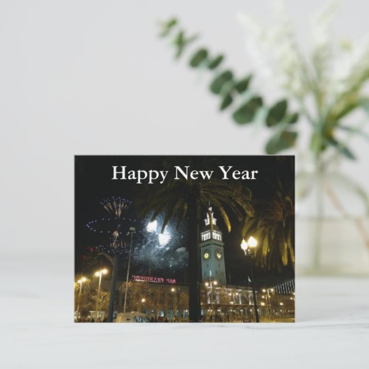 SF Ferry Gebäude Feuerwerke Neujahr Postkarte (Stehend Vorderseite)