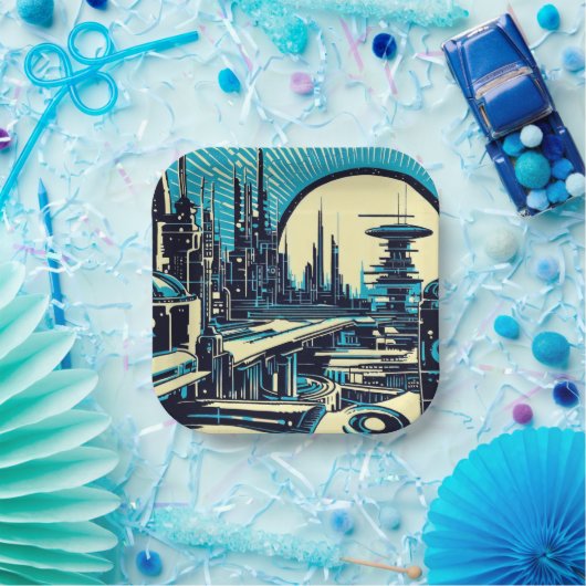 SF Futuristischer Stadtwaldschnitt 3 Pappteller (Party)