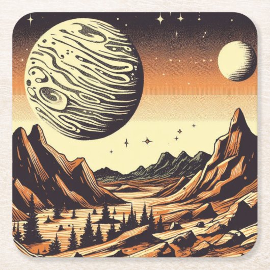 SF Mars Landschaft Holzschnitt 1 Rechteckiger Pappuntersetzer (Vorderseite)