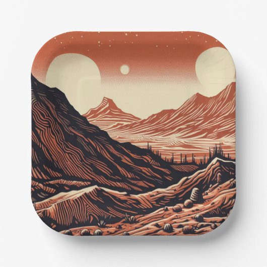SF Mars Landschaft Holzschnitt 4 Pappteller (Vorderseite)