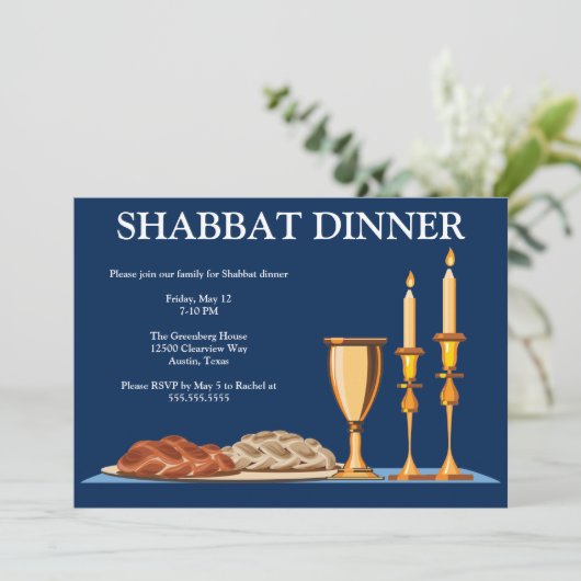 Shabbat Dinner Custom Jewish Family Navy Blue Einladung (Stehend Vorderseite)