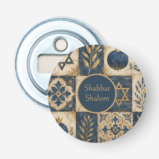 Shabbat Schalom runder Knopfpatch, Blau Gold  Flaschenöffner (Vorderseite)
