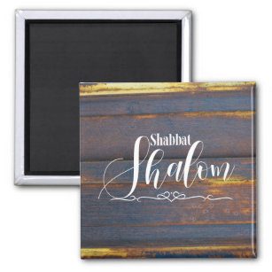 Shabbat Shalom Blau Gold Holz mit Weathered Holz Magnet