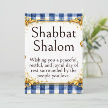 Shabbat Shalom Gruß, Gingham Blau Weiß Gold