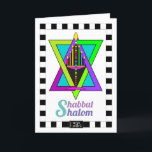 Shabbat Shalom Grußkarte Karte<br><div class="desc">Diese sehr farbenfrohe und helle Menorah stolz sitzen auf einem ziemlich bunten Stern von David und trägt die fröhliche Shabbat Shalom Nachricht.  Interieur-Karte ist koordiniert,  grenzt und hat Datums-Bereich,  alles für Ihr Schreibgenuss. Shabbat Shalom!  ~ Karin</div>