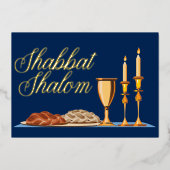 Shabbat Shalom Jewish Dinner Navy Blue Gold Folieneinladung (Vorderseite)