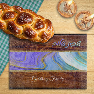 Shabbat Shalom Purple Teal Marble on Wood Effect Schneidebrett
