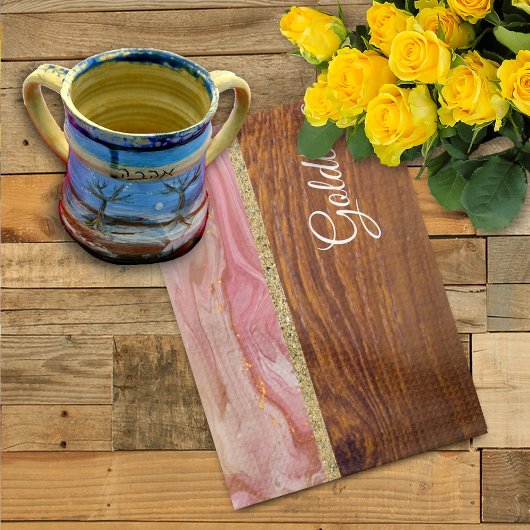 Shabbat Shalom Red Marble on Wood Effect Geschirrtuch