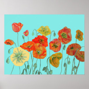 Shabby Aqua Orange Red Watercolor Mohn Art Poster