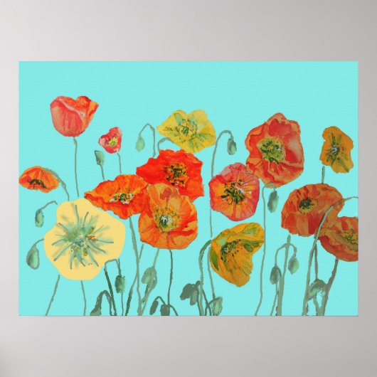 Shabby Aqua Orange Red Watercolor Mohn Art Poster (Vorne)