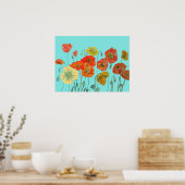 Shabby Aqua Orange Red Watercolor Mohn Art Poster (Küche)