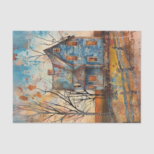 SHABBY BLAUE FARMHOUSE IM HERBST SEIDENPAPIER (Vorderseite)