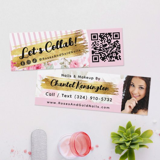 Shabby Blush Rose & Goldene Einflüsse QR Mini Visitenkarte
