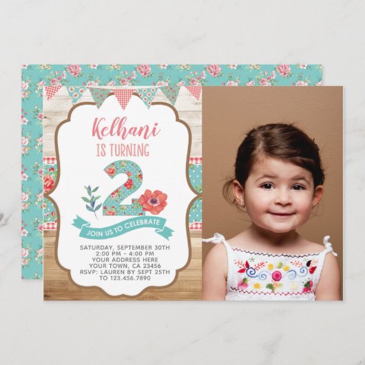 Shabby Chic 2. Geburtstag Einladung mit Foto (Vorne/Hinten)