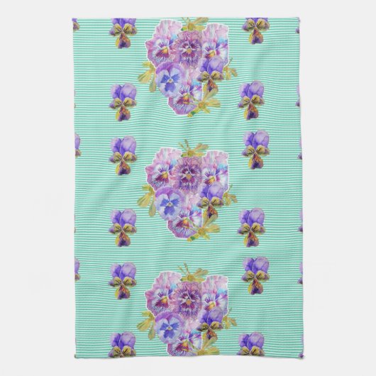 Shabby Chic Aqua Pansy Floral Küche Handtuch (Vertikal)
