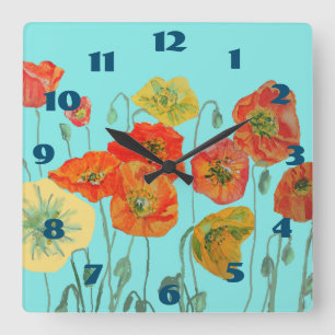 Shabby Chic Aqua Poppies Poppy Floral Room Clock Quadratische Wanduhr