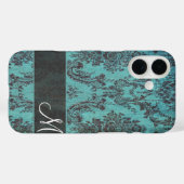 Shabby Chic Aquamariner Damast Muster mit Monogram Case-Mate iPhone Hülle (Rückseite (Horizontal))