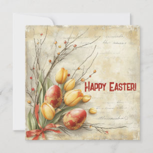 Shabby-Chic-Aquarell-Ostereier und gelbe Tulpen Feiertagskarte