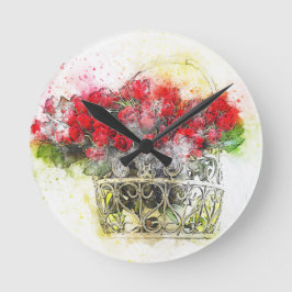 Shabby Chic Aquarellfarben-Rote Rosen im Korb Runde Wanduhr